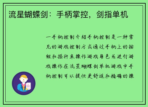 流星蝴蝶剑：手柄掌控，剑指单机